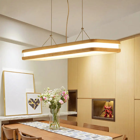 Rectangular Wood Island Pendant Light - Nordic Led Dining Room Fixture In Beige