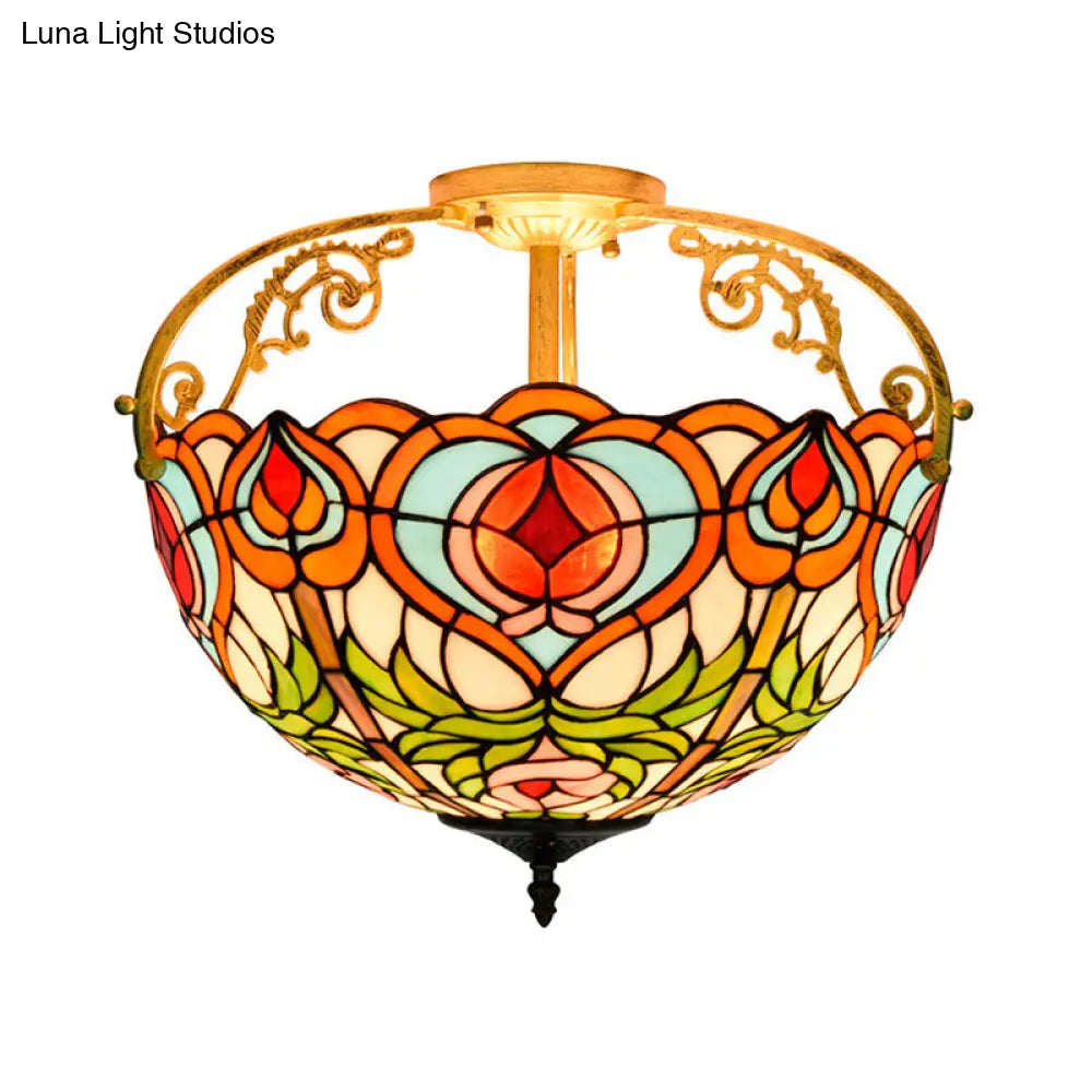 Red Cut Glass Petal Semi Flush Ceiling Lamp For Bedroom 2/3 Lights
