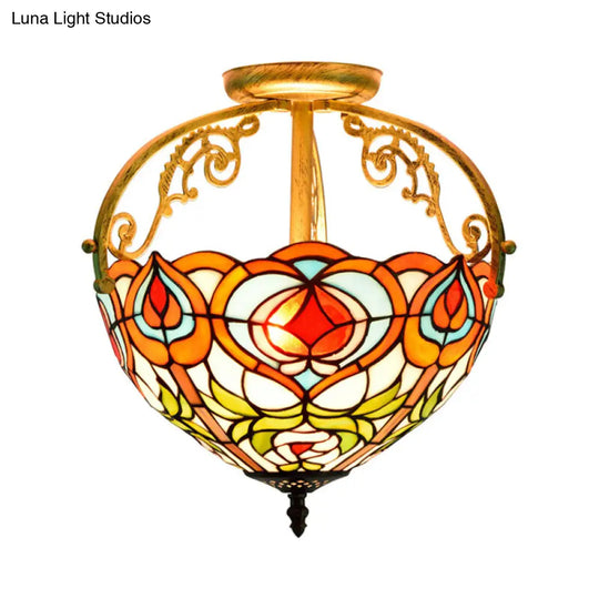 Red Cut Glass Petal Semi Flush Ceiling Lamp For Bedroom 2/3 Lights