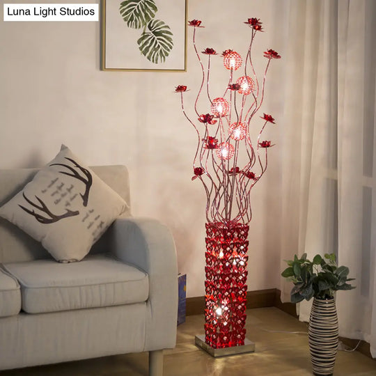 Red Led Flower Décor Floor Lamp - Metal Cuboid Standing Light With Crystal Embellishments