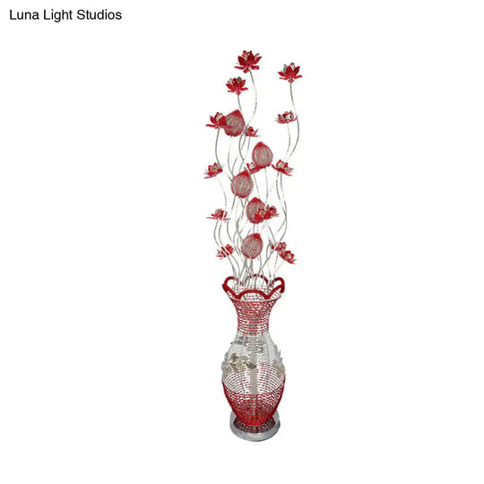 Red Led Vase Floor Lamp With Flower Design - Stylish Metallic Standing Light