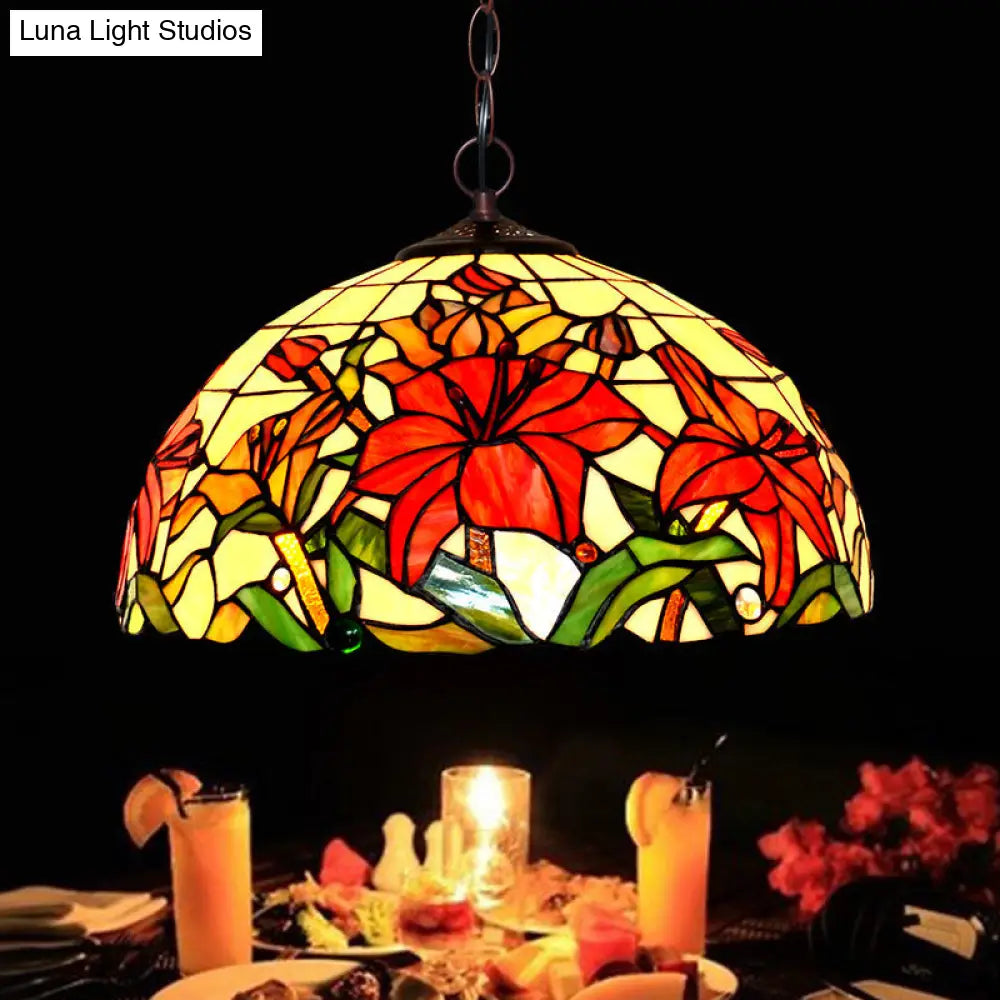 Red Mediterranean Floral Cut Glass Chandelier Pendant Light - 1/2 Lights 12’/16’ Width