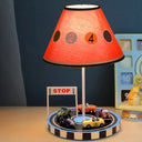 Red Racing Vehicle Tapered Fabric Table Light For Kids - 1-Bulb Nightstand Lighting