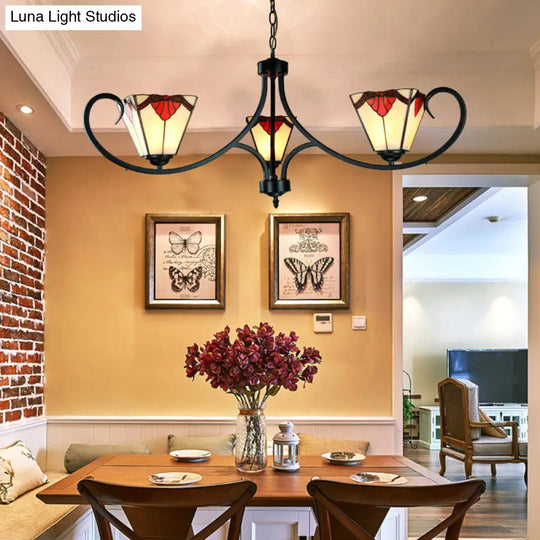 Mission Pendant Light: Stained Glass Shade Pyramid Chandelier 3 Lights In Red - Ideal For