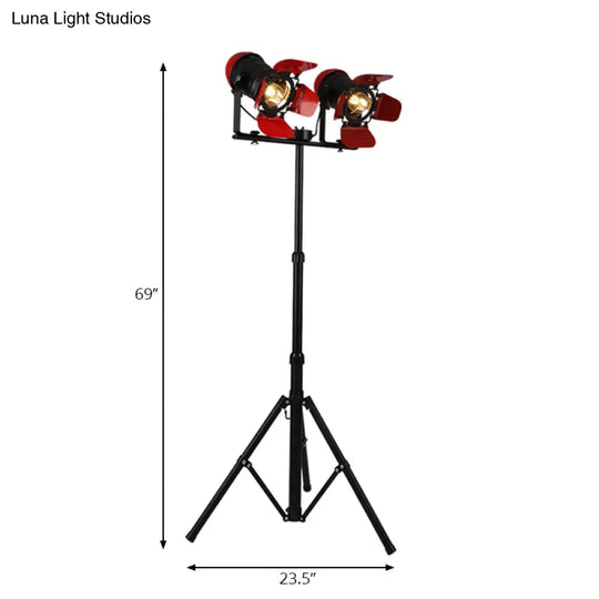 Red Tripod Design Retro Industrial Floor Lamp - 2 Lights Metallic Standing Light For Studios