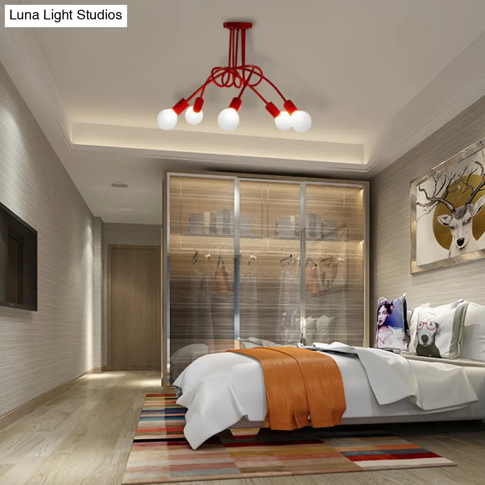 Red Twisted Semi Flush Industrial Loft Metal 5-Light Bedroom Mount