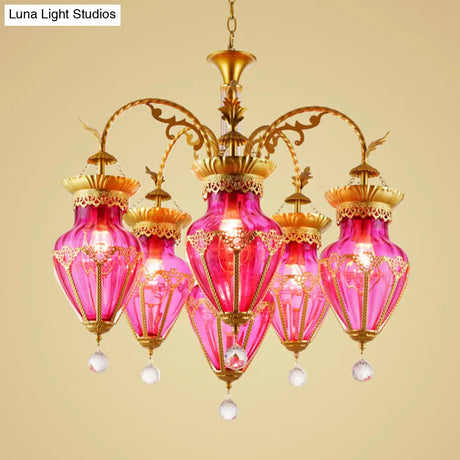 Restaurant Brass Chandelier With Curved Arms 6 Multicolored Glass Suspension Pendants