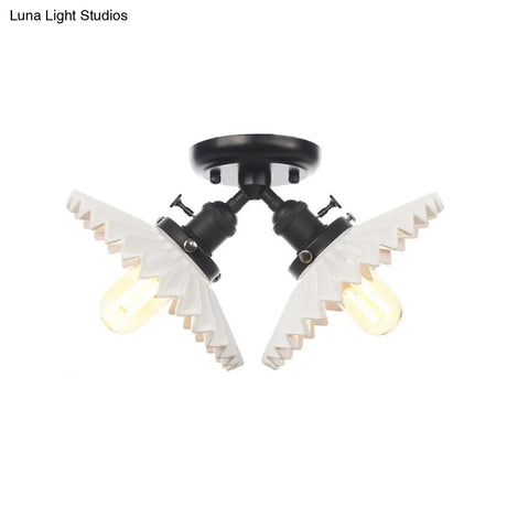 Restaurant Ceiling Light With Scalloped Milk Glass Shade In Black/Bronze Semi-Flush Mount