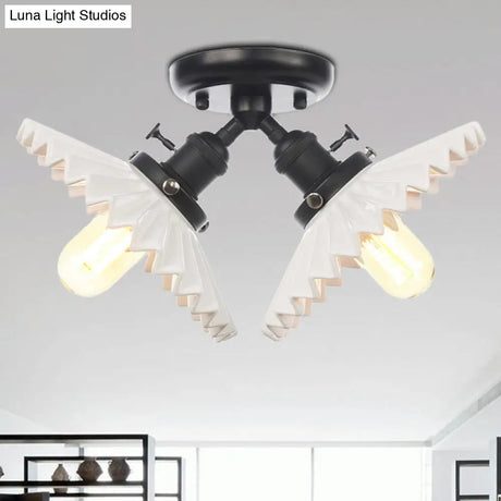 Restaurant Ceiling Light With Scalloped Milk Glass Shade In Black/Bronze Semi-Flush Mount
