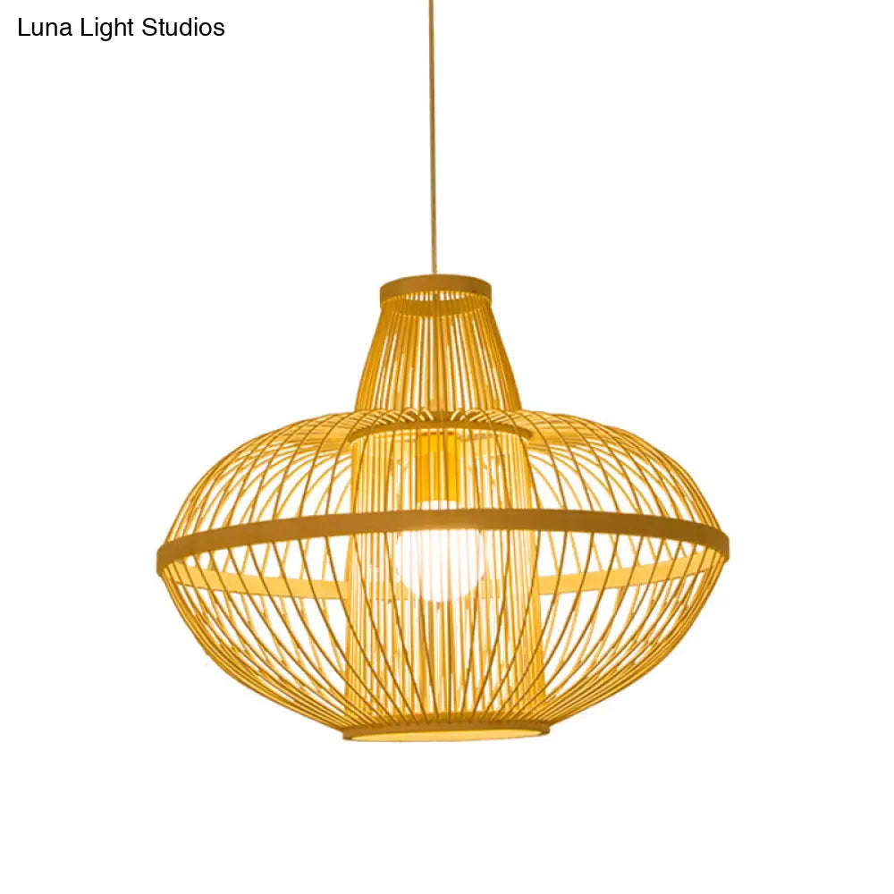 Restaurant Pendant Lamp With Bamboo Shade - Asia Wood Hanging Ceiling Light