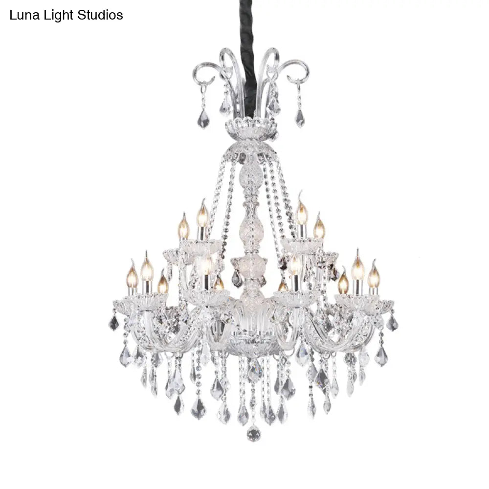Retro 15-Bulb Clear Glass Candelabra Chandelier With Crystal Drop - Living Room Suspension Light