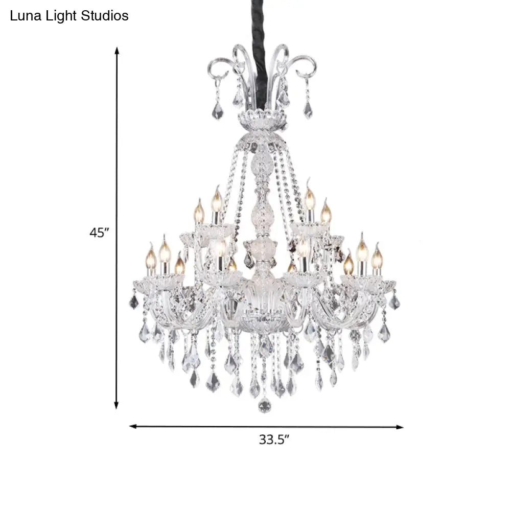 Retro 15-Bulb Clear Glass Candelabra Chandelier With Crystal Drop - Living Room Suspension Light