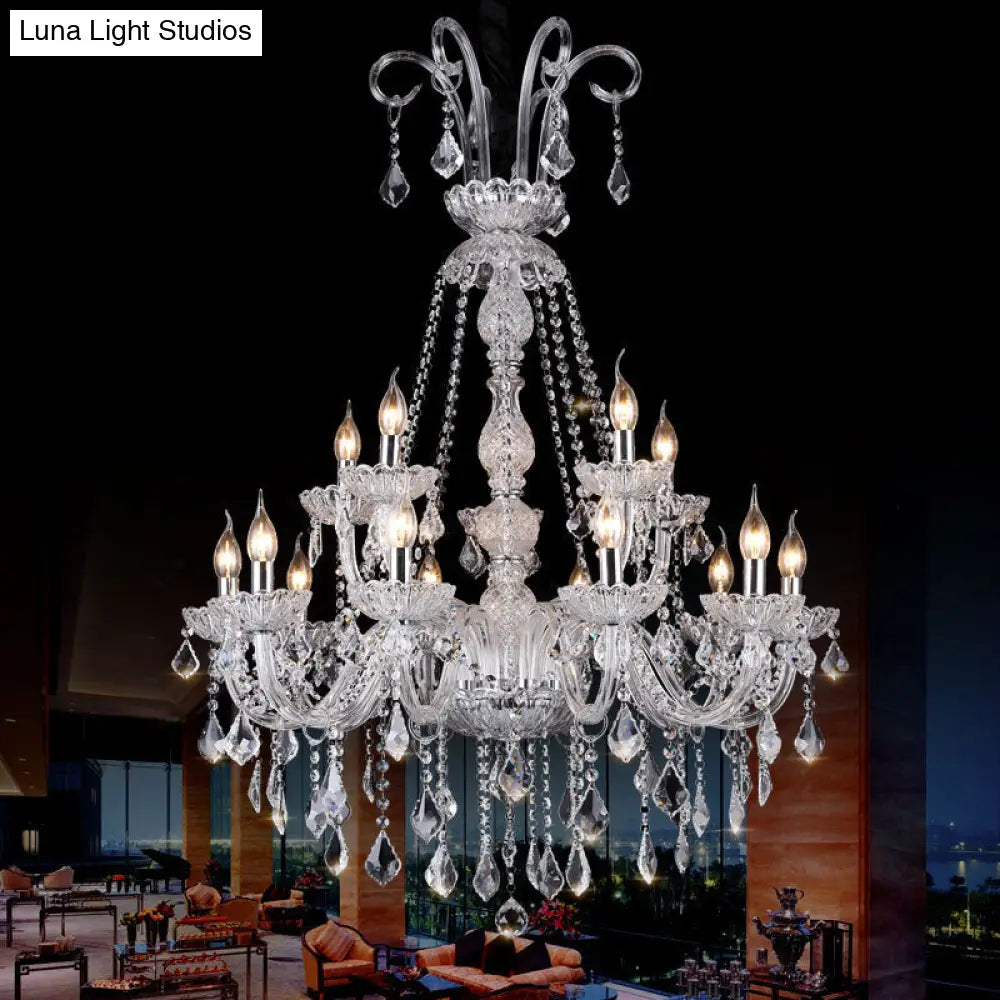 Retro 15-Bulb Clear Glass Candelabra Chandelier With Crystal Drop - Living Room Suspension Light