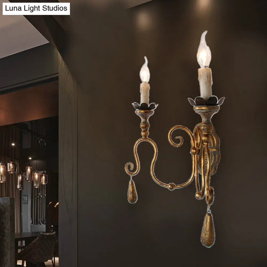 Retro 2-Head Metal Wall Sconce With Swirled Gold Arm - Corridor Lighting