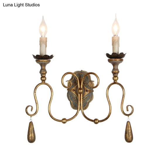 Retro 2-Head Metal Wall Sconce With Swirled Gold Arm - Corridor Lighting