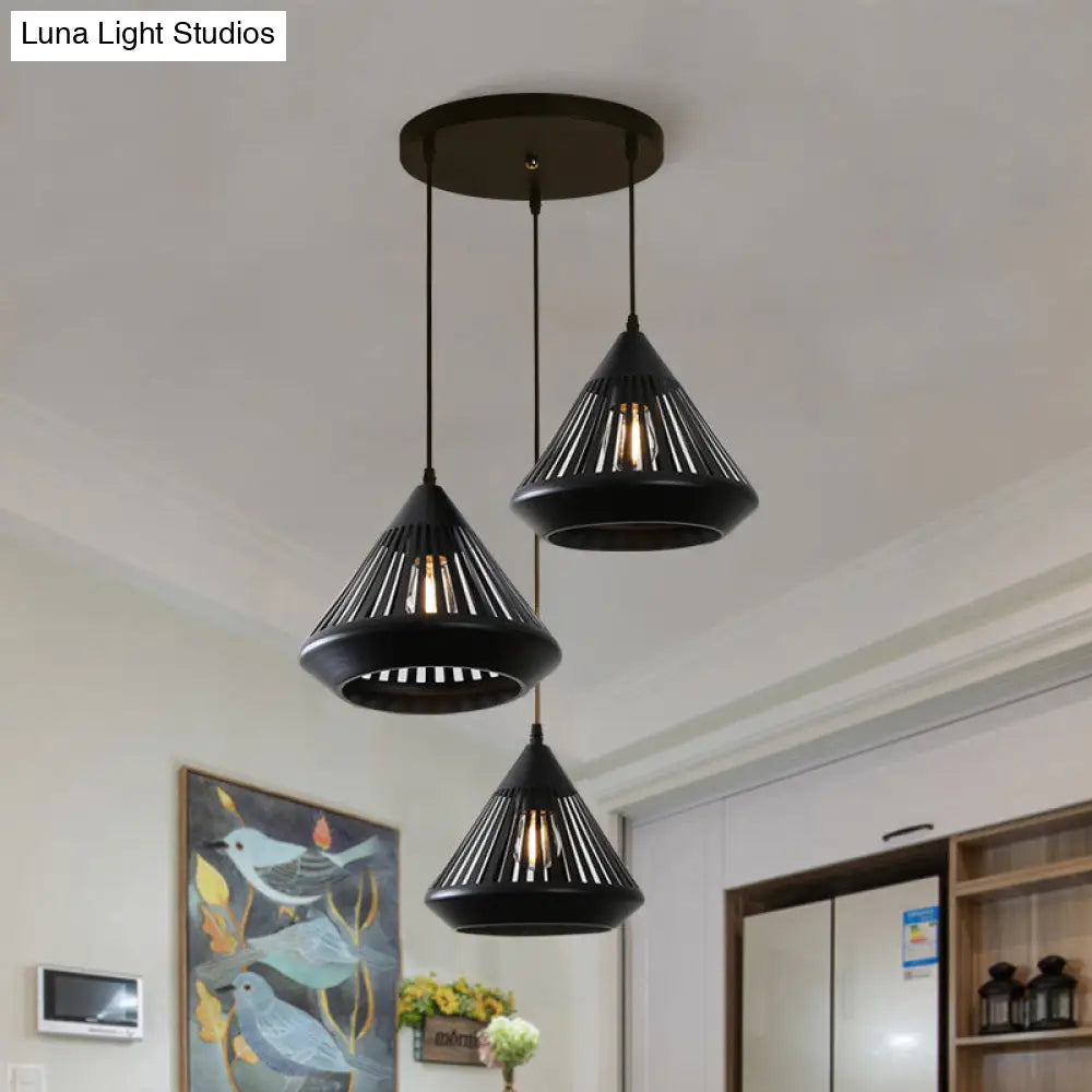 Retro Diamond Iron Ceiling Pendant Light - 3-Head Multi Hanging Lamp With Hollowed-Out Design Black