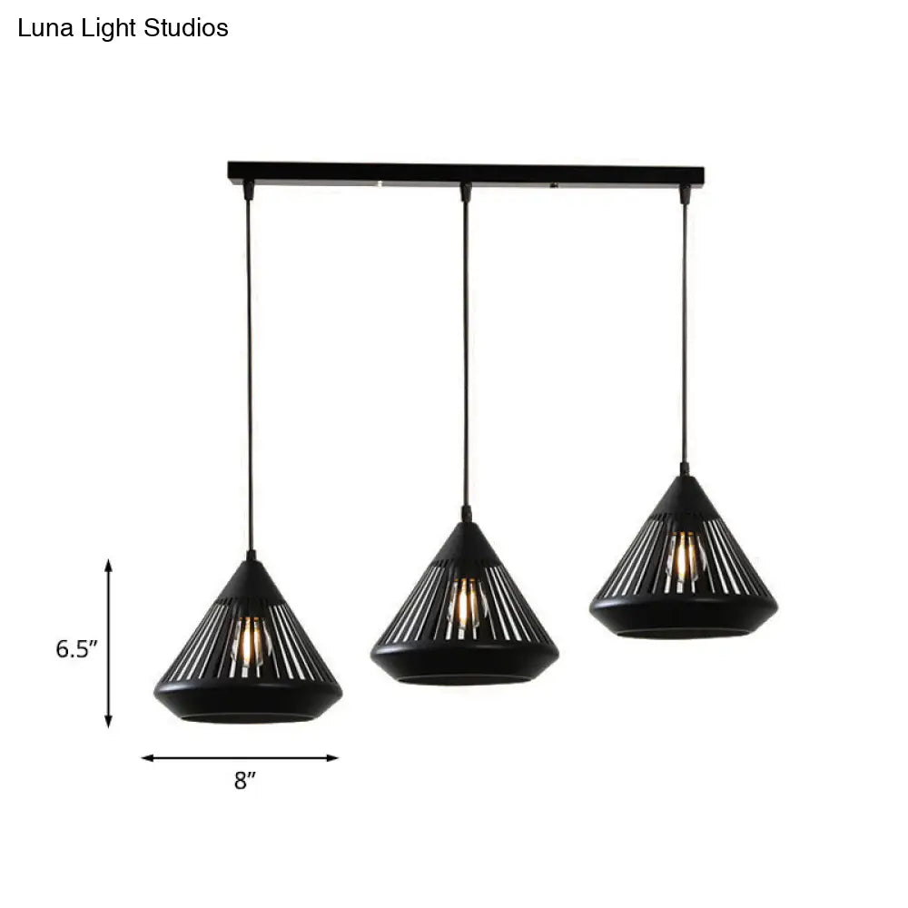Retro Diamond Iron Ceiling Pendant Light - 3-Head Multi Hanging Lamp With Hollowed-Out Design Black