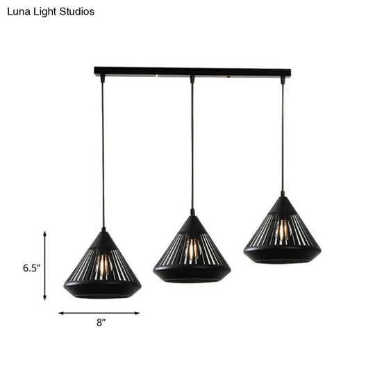 Retro Diamond Iron Ceiling Pendant Light - 3-Head Multi Hanging Lamp With Hollowed-Out Design Black