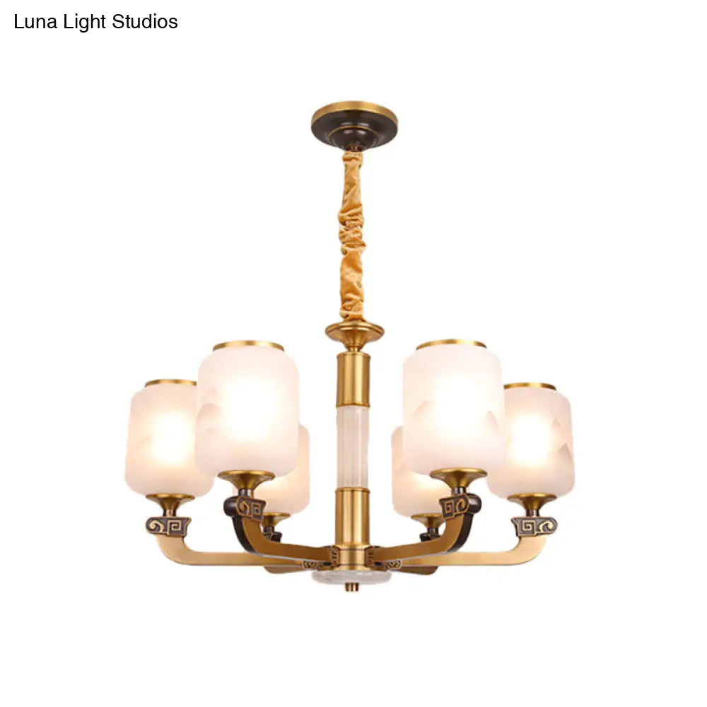 Retro 6/8-Bulb Frosted Glass Cylinder Pendant Light With Landscape Print- Ideal For Living Rooms