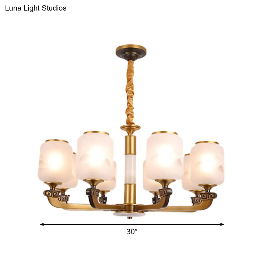 Retro 6/8-Bulb Frosted Glass Cylinder Pendant Light With Landscape Print- Ideal For Living Rooms