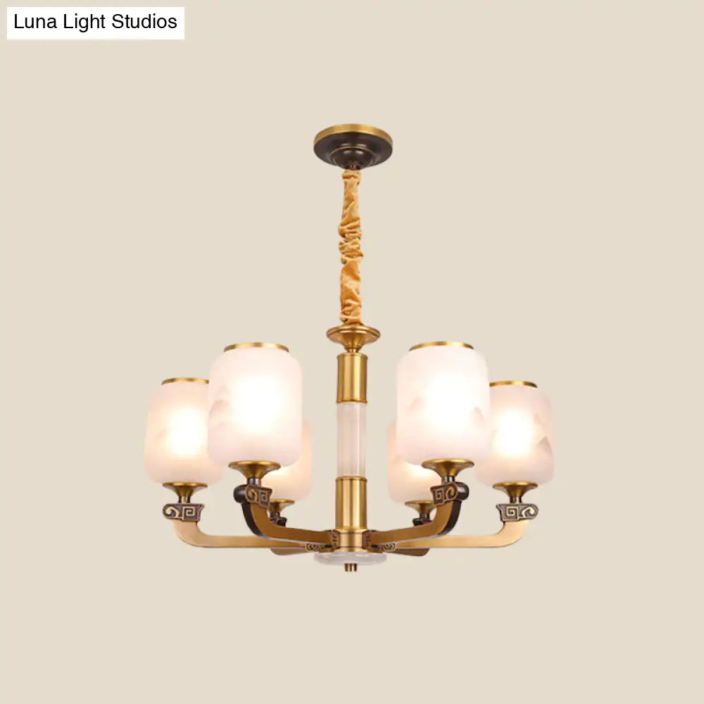 Retro 6/8-Bulb Frosted Glass Cylinder Pendant Light With Landscape Print- Ideal For Living Rooms