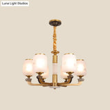 Retro 6/8-Bulb Frosted Glass Cylinder Pendant Light With Landscape Print- Ideal For Living Rooms