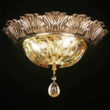 Retro Amber Glass Flush Mount Ceiling Light With Crystal Drop - 3 - Light Bowl Fixture