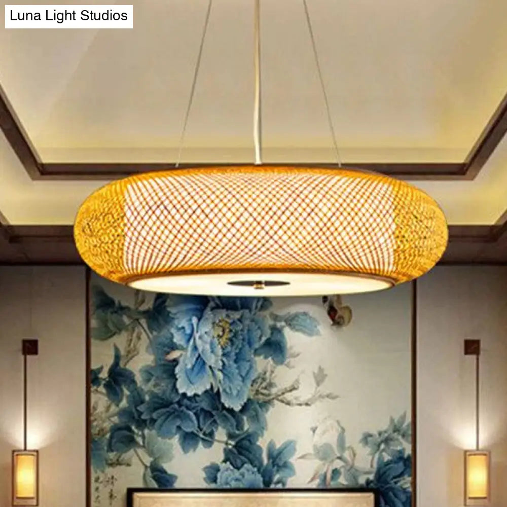 Retro Bamboo Donut Ceiling Lamp 3 Bulbs Wood Hanging Light Fixture - 12/16/19.5 Wide