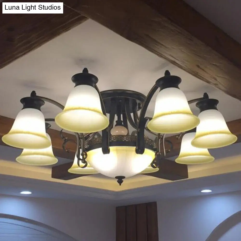 Retro Beige Glass Flared Semi Flush Light For Dining Room 11 / Black