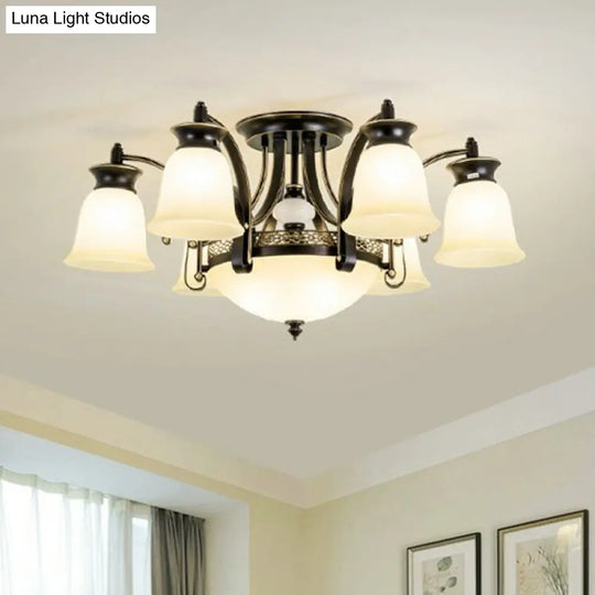 Retro Beige Glass Flared Semi Flush Light For Dining Room 9 / Black