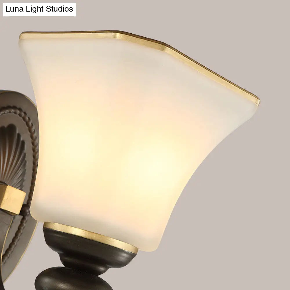 Retro Bell Wall Lamp - 1 Light Frosted Glass Sconce With Metal Curved Arm In Black For Porch