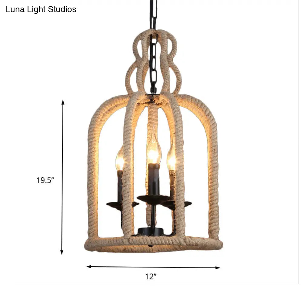 3-Head Retro Birdcage Rope Pendant Light In Brown - Dining Room Lamp Fixture