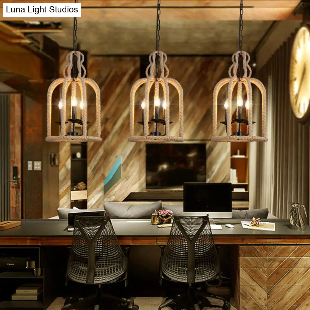 3-Head Retro Birdcage Rope Pendant Light In Brown - Dining Room Lamp Fixture