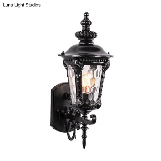 Retro Black/Brass Tapered Sconce Light With Dimpled Glass - Wall Mounted Patio Lamp (1 Head