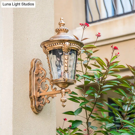 Retro Black/Brass Tapered Sconce Light With Dimpled Glass - Wall Mounted Patio Lamp (1 Head