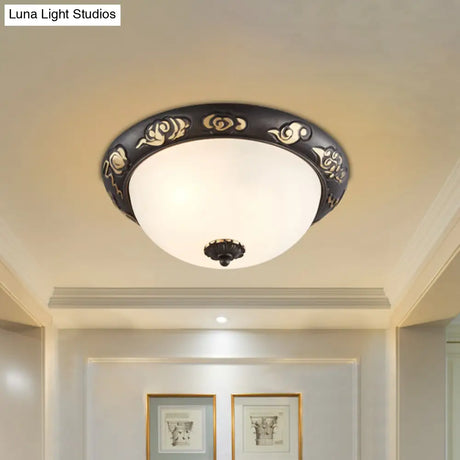 Retro Black Glass Ceiling Fixture With Embossed Rose Edge - Bedroom Flush Mount Lighting