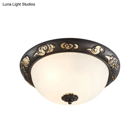 Retro Black Glass Ceiling Fixture With Embossed Rose Edge - Bedroom Flush Mount Lighting