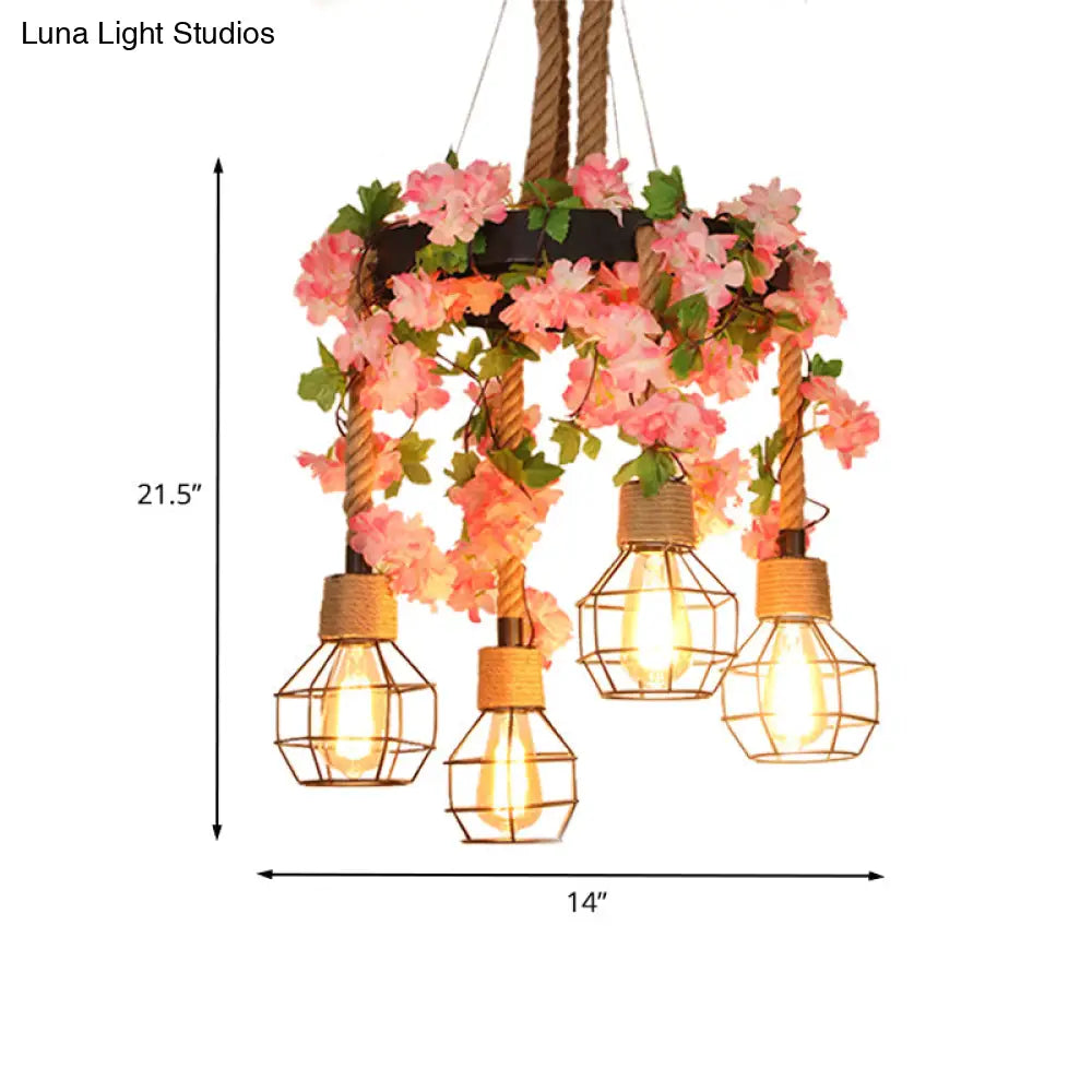 Retro Black Hemp Rope Orb Chandelier With 4/8 Lights And Flower Decoration