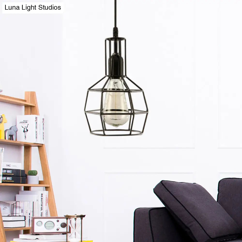 Retro Black Metal Prism Cage Pendant Ceiling Light Stylish Hanging Fixture For Living Room
