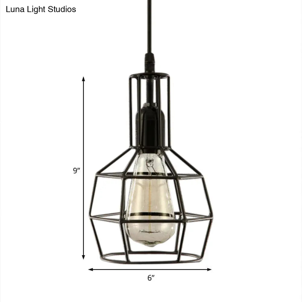 Retro Black Metal Prism Cage Pendant Ceiling Light Stylish Hanging Fixture For Living Room