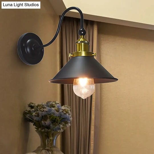 Retro Black Metal Conical Shade Sconce Lamp With Gooseneck Arm - 1 Light Wall Lighting For Corridor