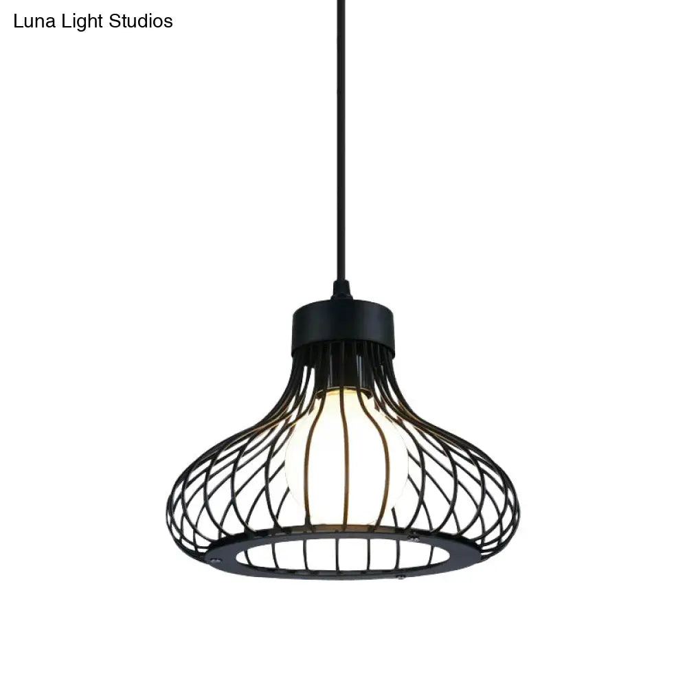 Retro Black Metal Pendant Light With Wire Cage - Perfect For Kitchen