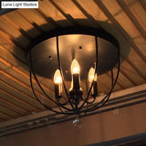 Retro Black Metallic Flush Mount Ceiling Light With Wire Cage And Clear Crystal Ball - 1/4/5 Heads