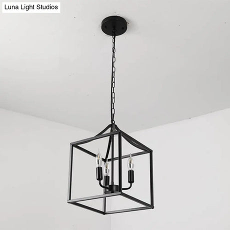 Retro Black Pendant Light: Square Cage Chandelier With 3 Lights Metal Lamp For Dining Room