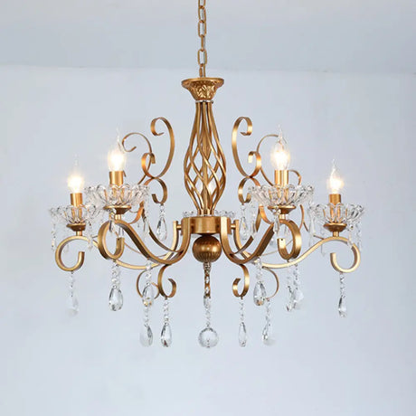 Retro Brass Candle Chandelier: Swirled Arm Pendant Lamp For Living Room With A Metallic Finish 5 /