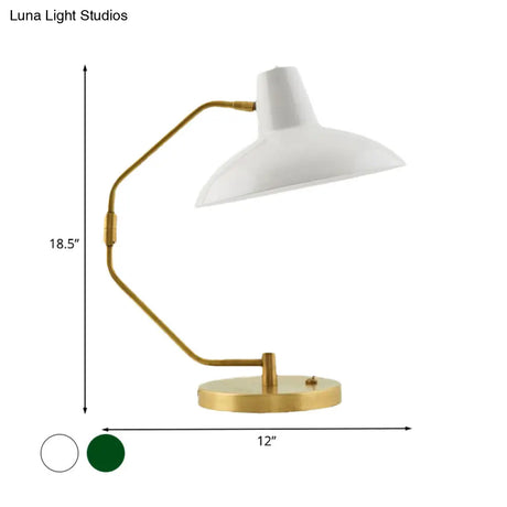 Retro Brass Iron Bow Desk Lamp With Single Bulb And Green/White Wide Bowl Shade
