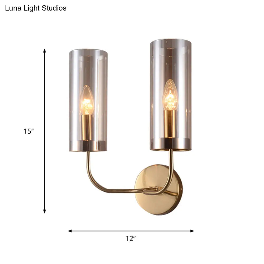 Retro Brass Sconce Wall Mount Lamp With Cylindrical Glass Shade 1/2 Light Fixture For Living Room