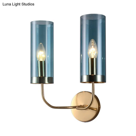 Retro Brass Sconce Wall Mount Lamp With Cylindrical Glass Shade 1/2 Light Fixture For Living Room