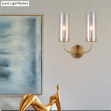 Retro Brass Sconce Wall Mount Lamp With Cylindrical Glass Shade 1/2 Light Fixture For Living Room