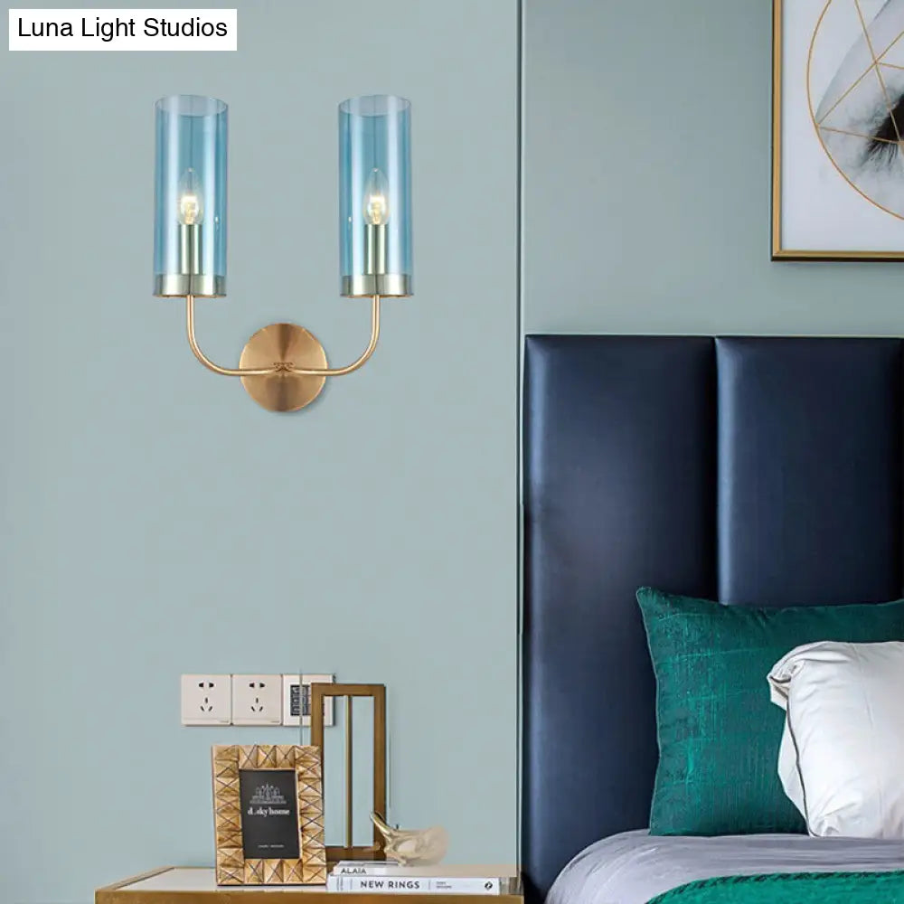 Retro Brass Sconce Wall Mount Lamp With Cylindrical Glass Shade 1/2 Light Fixture For Living Room